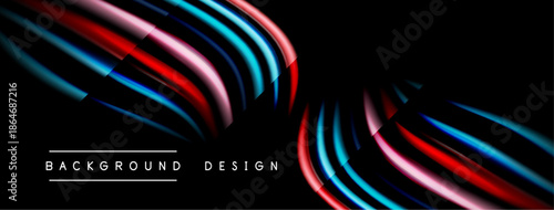 Abstract design features vibrant curved lines. Red, blue, pink hues contrast against black background. Modern, dynamic composition.
