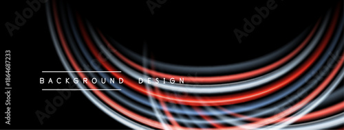 Abstract flowing lines create dynamic background. Red, blue, white curves contrast dark space. Minimalist text adds subtle detail.