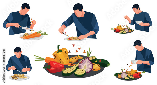 Man preparing vegetables on a platter for cooking