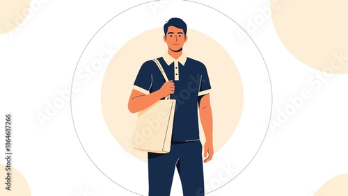 Stylish young man with a tote bag standing confidently against a modern abstract background