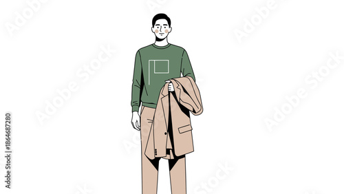 Stylish young man with tote bag wearing casual fashion with a comfortable sweatshirt and coat