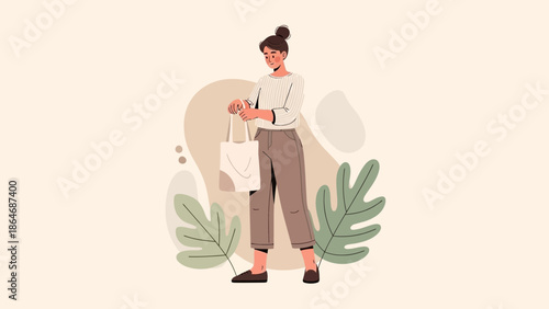 Stylish young woman in casual outfit checking her smartwatch while carrying a bag amid abstract