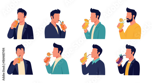 Men drinking juice in various styles