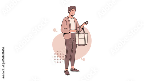 Stylish young woman standing and using her smartphone with a casual tote bag
