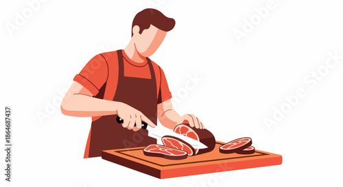 Butcher cutting meat on wooden board