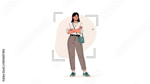 Stylish young woman standing confidently with arms crossed in casual outfit minimalistic
