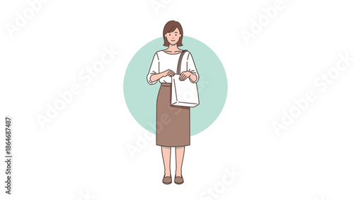 Stylish young woman standing with shopping bag against minimal background for casual shopping day
