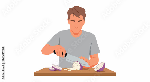 Man chopping onion on wooden board