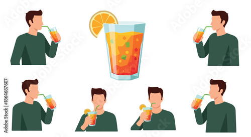 Man drinking orange soda multiple views with transparent background