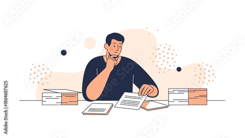 Thoughtful man reviewing documents at cluttered desk with stacks of papers and files