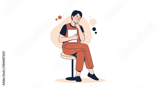 Thoughtful woman sitting on a stool holding a notebook and reflecting