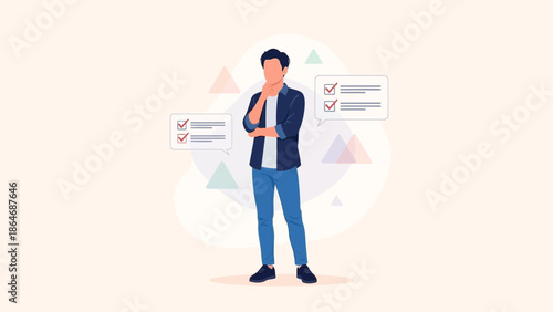 Thoughtful young man analyzing checklist and making decisions about tasks