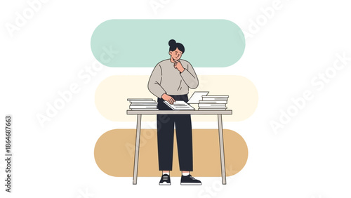 Thoughtful young woman working at desk with piles of papers and books feeling contemplative