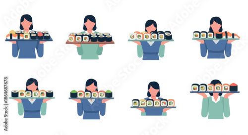 Waitress serving sushi set with various platters