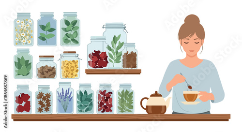 Herbal tea preparation with jars of dried herbs
