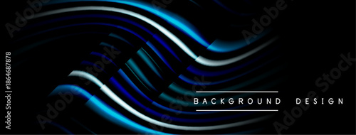 Abstract flowing lines create dynamic gradient effect. Dark background emphasizes bright blue, white curves. Modern design element.