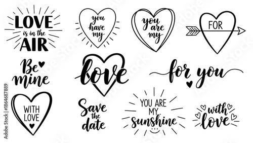 Collection of hand-drawn heart typography and calligraphy for romantic designs, perfect for Valentine's Day, wedding invitations, and heartfelt messages