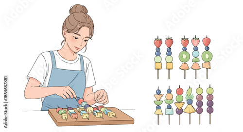 Woman preparing fruit skewers on a wooden board