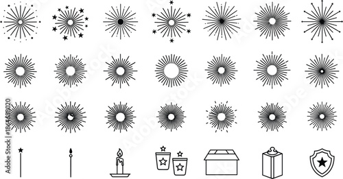 Minimal black sunburst and starburst icon set with decorative rays, fireworks shapes, and celebration symbols, isolated on white background for design use