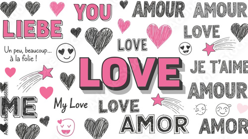 Romantic typographic design with various love words in multiple languages and scattered heart illustrations for affectionate themes