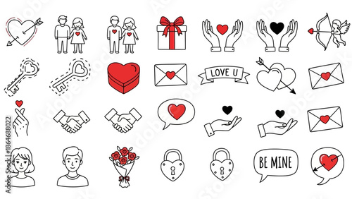 Comprehensive vector line art icon collection depicting love, romance, and relationships, ideal for Valentine's Day, dating, and emotional connection design projects