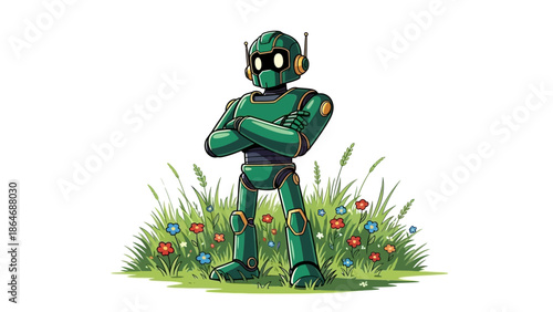 Green Robot Standing in Flowers.