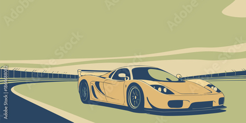 Vintage style graphic illustration of a fast sports car racing on a circuit