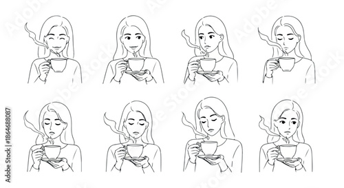 Woman enjoying hot beverage in various expressions