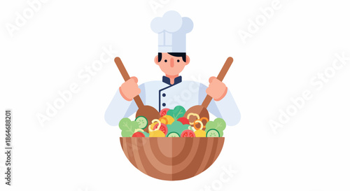 Chef mixing salad in wooden bowl