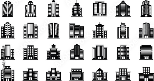 Modern building icon silhouette set featuring various city skyscrapers and urban architecture designs, isolated on white background for real estate and business concepts