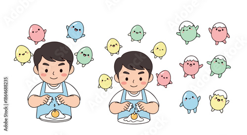 Boy cracking eggs cooking food with cute egg characters