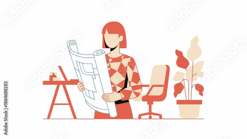 Woman Examining Large Blueprint or Architectural Plan.