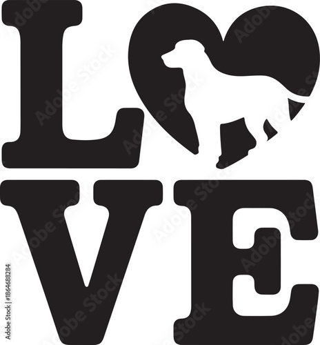 Minimalist black and white love typography with dog silhouette