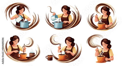 Woman preparing coffee, step-by-step process