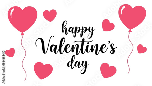 Romantic 'Happy Valentine's Day' greeting card design featuring floating pink heart balloons and smaller scattered hearts, perfect for expressing love and festive celebration