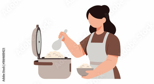Woman cooking rice in pot with ladle