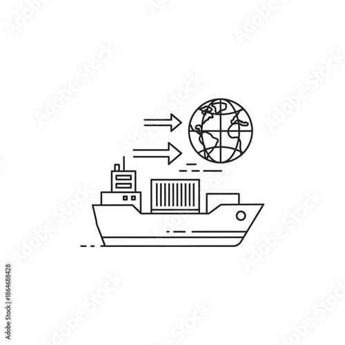Cargo Ship Delivering Goods with Globe and Arrows for Global Trade and Shipping