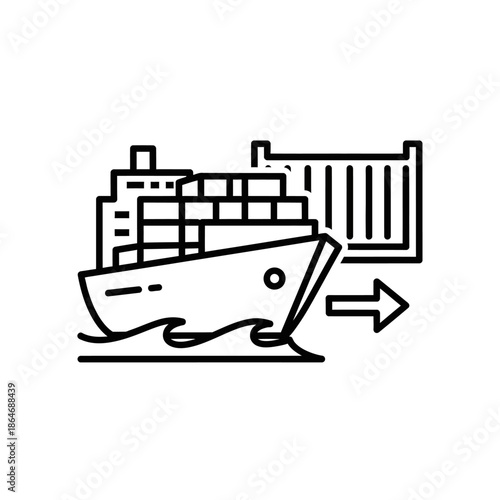Cargo Ship Docked at Port with Container Storage and Arrow Indicator