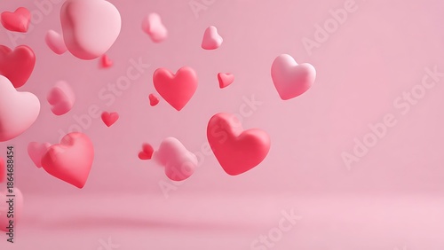 A pink background with various sized pink hearts floating in the air