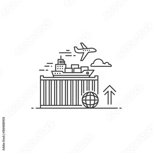 Cargo Ship Loading at Port with Airplane and Globe Icon for Logistics and Shipping Business