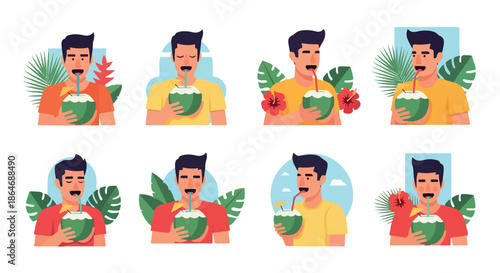 Man enjoying coconut drink with tropical foliage