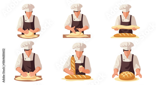 Baker working with dough in various stages