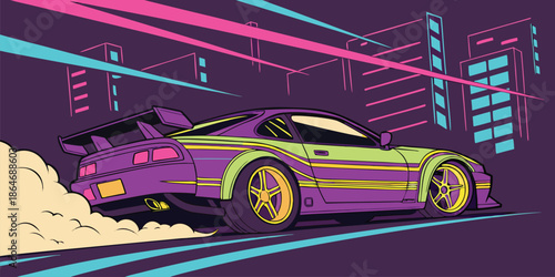 Vibrant Retro Futuristic Car Drifting Through a Neon Cityscape Illustration