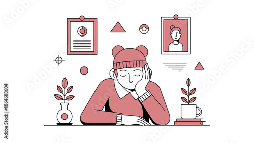 Woman Relaxing with Coffee and Decorations.