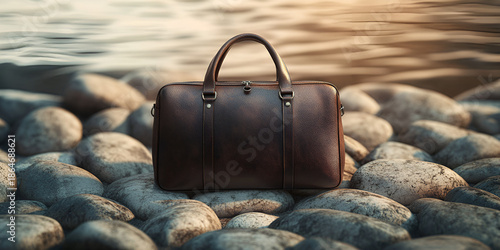 Leather Bag Mockup on Stylized Pebble Base with Ambient Lighting