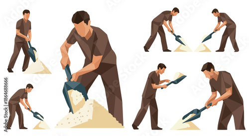 Construction worker shoveling sand in various poses
