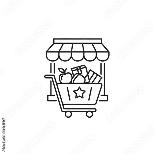 Cartoon Shopping Cart Filled with Groceries in Front of Store Storefront Illustration