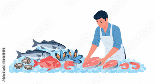 Fishmonger preparing seafood display