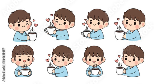 Boy enjoying a warm drink in various poses