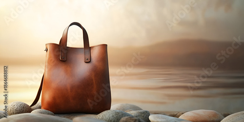 Leather Bag Mockup on Stylized Pebble Base with Ambient Lighting